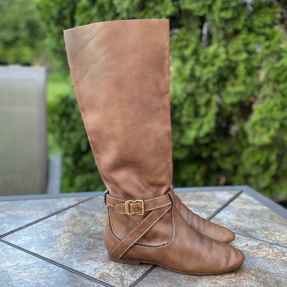 Chloe Light Brown Knee High Leather Riding Boots Mid Calf EU 37/7 Buckle - Picture 3 of 9